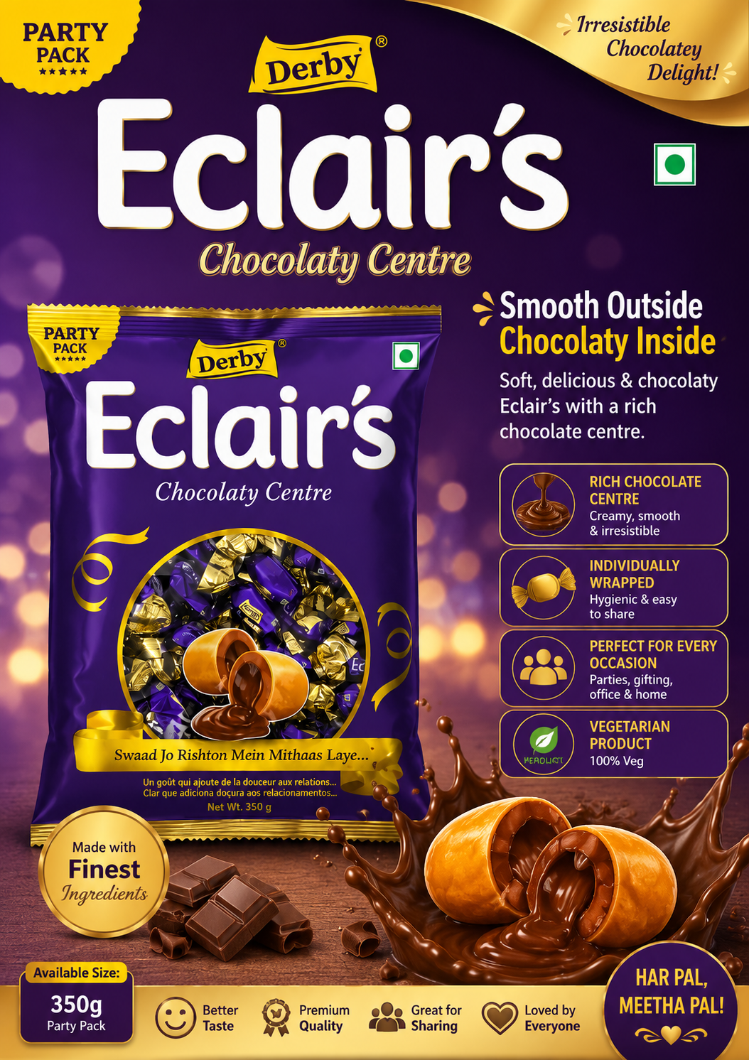 Derby Eclairs Chocolaty Centre Candy Party Pack – 350g (Approx. 100 Pieces)