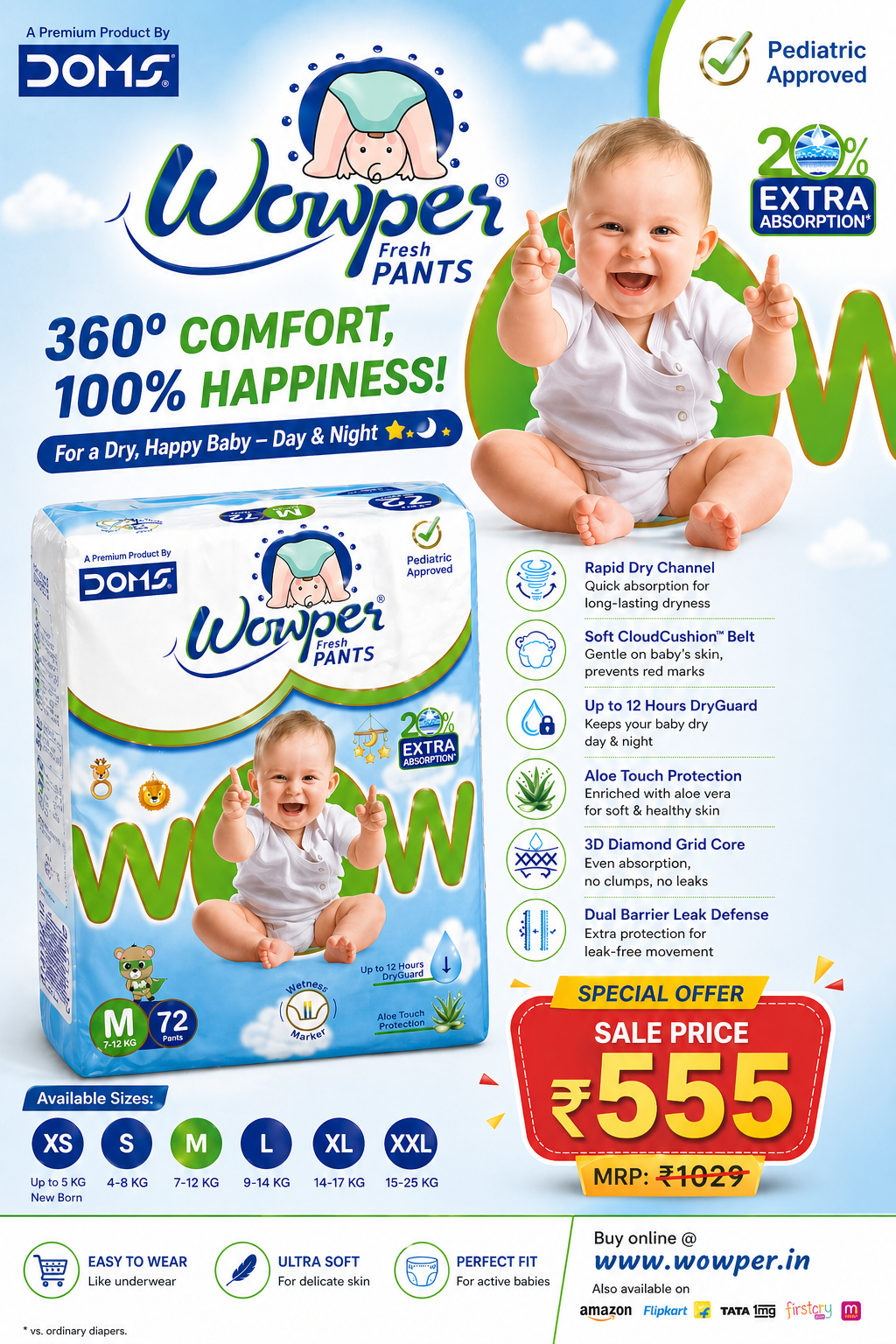 Wowper Baby Diapers M Size (72 Pants) – Special Offer ₹555