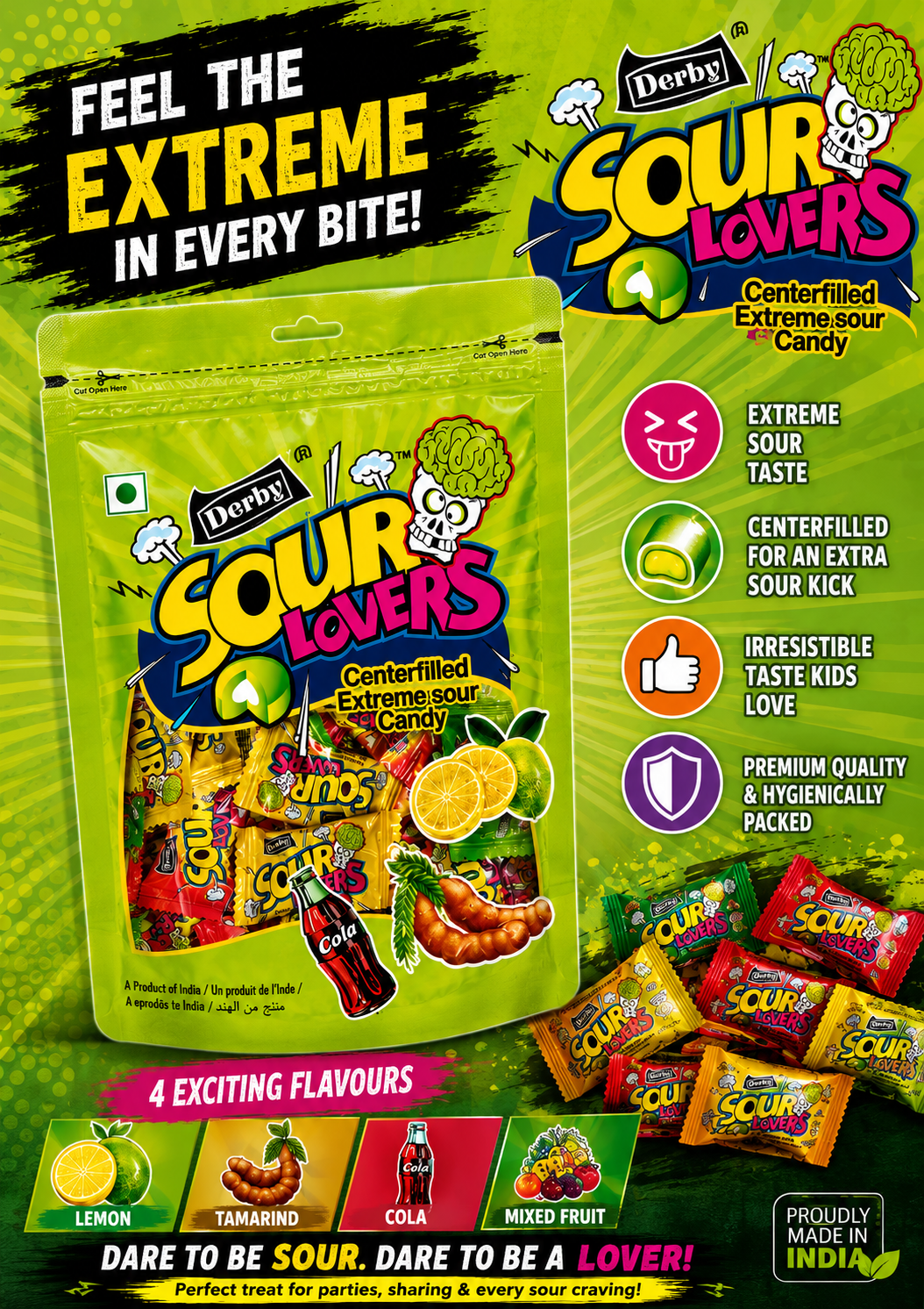 Derby Sour Lovers Center Filled Extreme Sour Candy Assorted Flavours Pouch