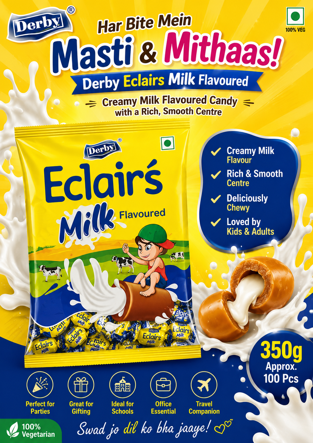 Derby Eclairs Milk Flavoured Candy Wholesale Pack – 350g (Approx. 100 Pieces)