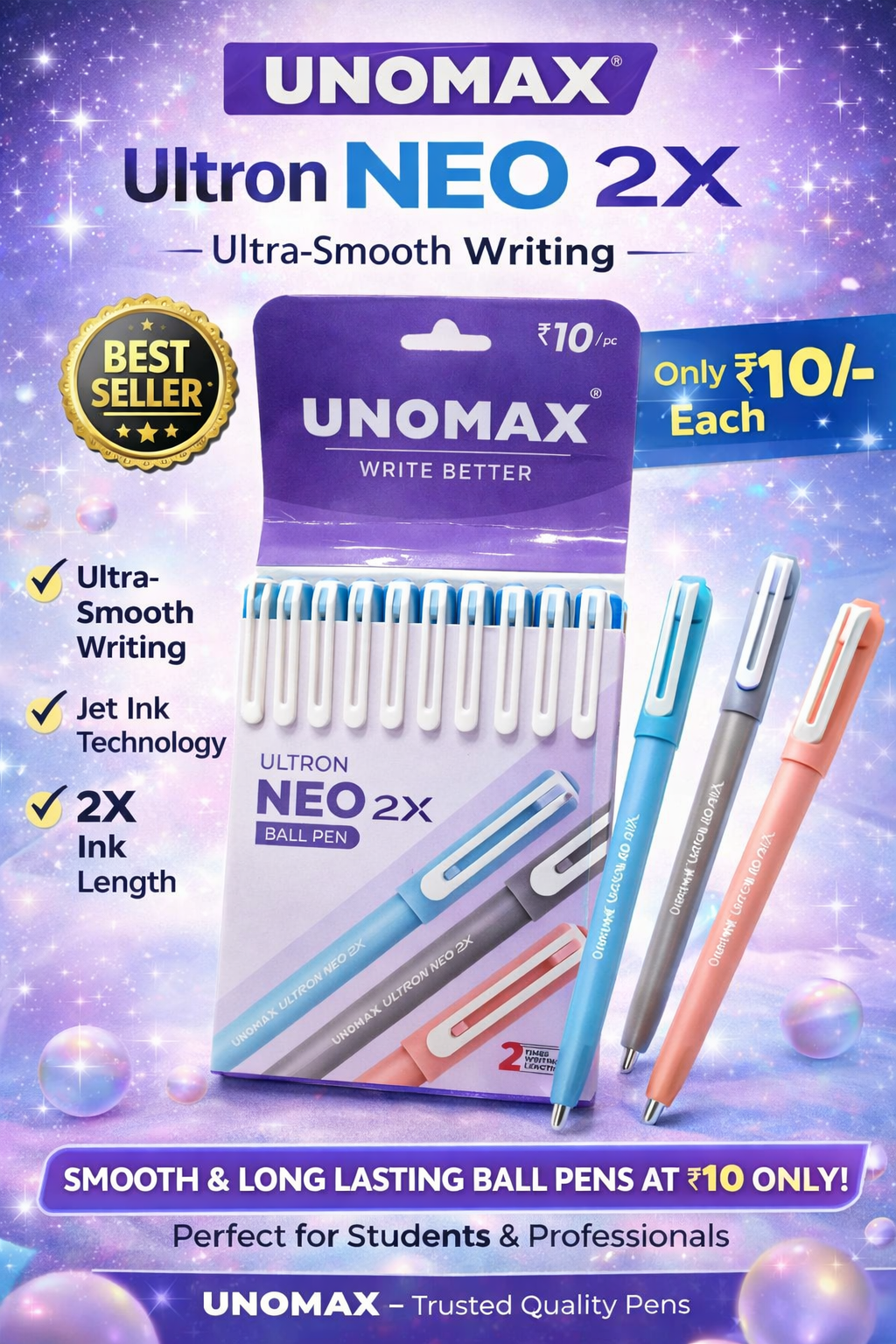 UNOMAX Ultron NEO 2X Ball Pen – Smooth Writing ₹10 Pen with 2X Ink