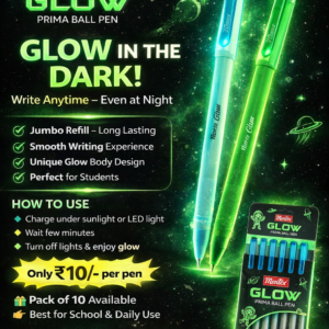 Montex Glow Prima Ball Pen – Glow in the Dark, Jumbo Refill, Smooth Writing (Pack of 10)