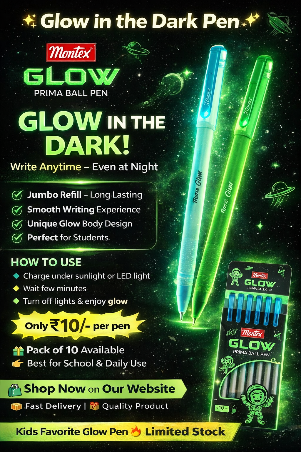 Montex Glow Prima Ball Pen – Glow in the Dark, Jumbo Refill, Smooth Writing (Pack of 10)