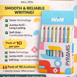 WIN Pyramis Ball Pen – Smooth Writing, Jumbo Refill, Premium Quality (Pack of 10)