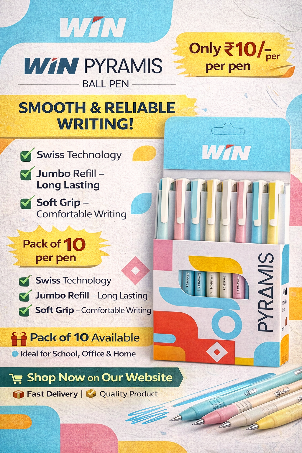 WIN Pyramis Ball Pen – Smooth Writing, Jumbo Refill, Premium Quality (Pack of 10)