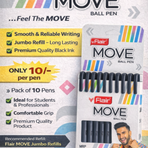 Flair MOVE Ball Pen Black – Smooth Writing, Jumbo Refill, Premium Quality (Pack of 10)