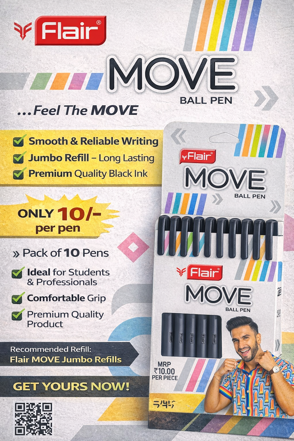 Flair MOVE Ball Pen Black β Smooth Writing, Jumbo Refill, Premium Quality (Pack of 10)