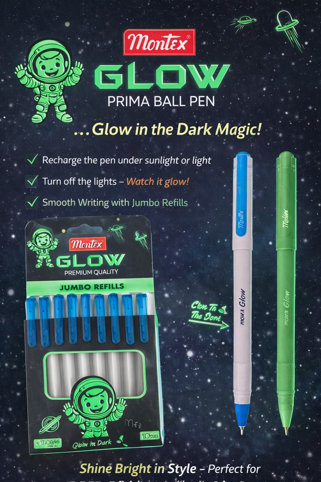 Montex Glow Prima Ball Pen – Glow in the Dark, Jumbo Refill, Smooth Writing (Pack of 10)