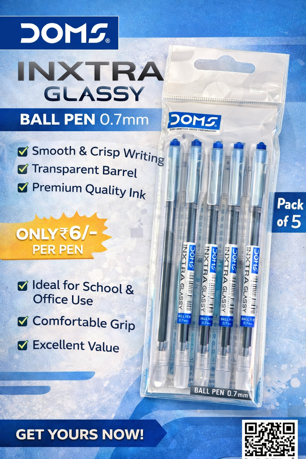 DOMS NXTRA Glassy Ball Pen – 0.7mm Smooth Writing, Transparent Body (Pack of 5)