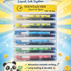 A retail display of Jainex Panda fountain pens in colorful packaging hanging in a shop, priced at ₹20 per pen.