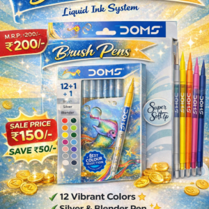 A box of DOMS brush pens set with multiple vibrant colors displayed, showing MRP ₹200 and sale price ₹150.