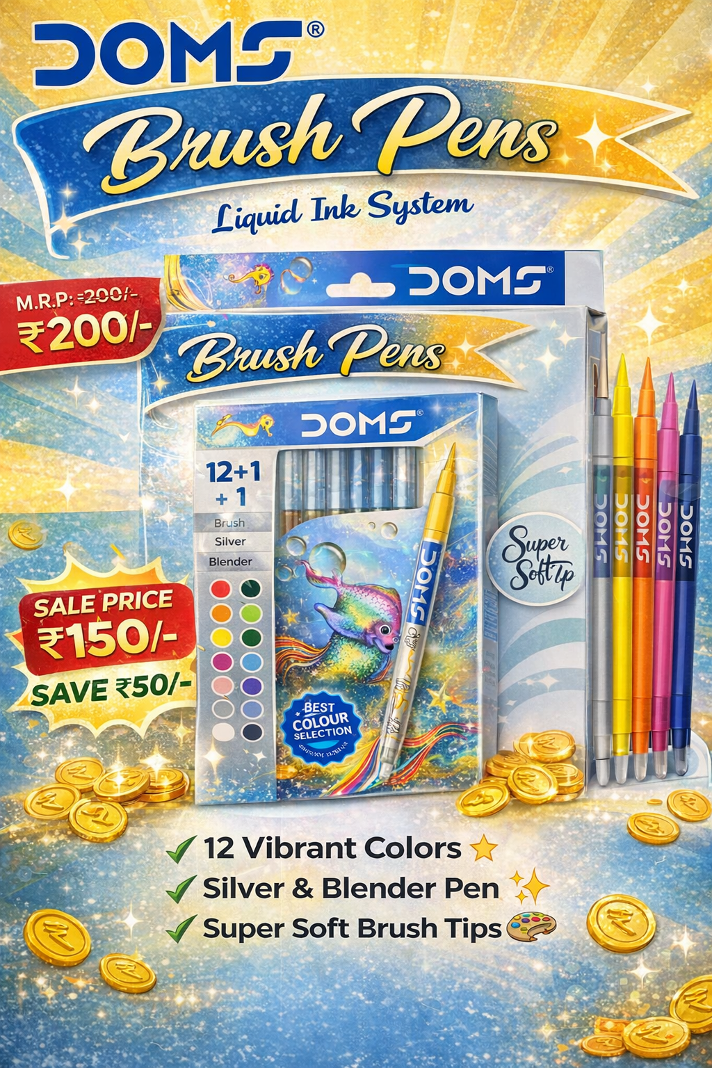 A box of DOMS brush pens set with multiple vibrant colors displayed, showing MRP ₹200 and sale price ₹150.