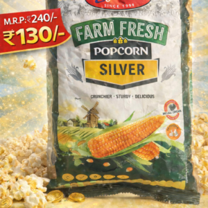 A packet of Banaco’s Farm Fresh Silver Popcorn showing front and back packaging with product details and branding.