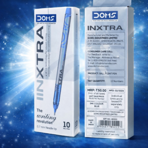 A box of DOMS INXTRA ball point pens (10 pens pack) showing front and back packaging with product details and blue ink.