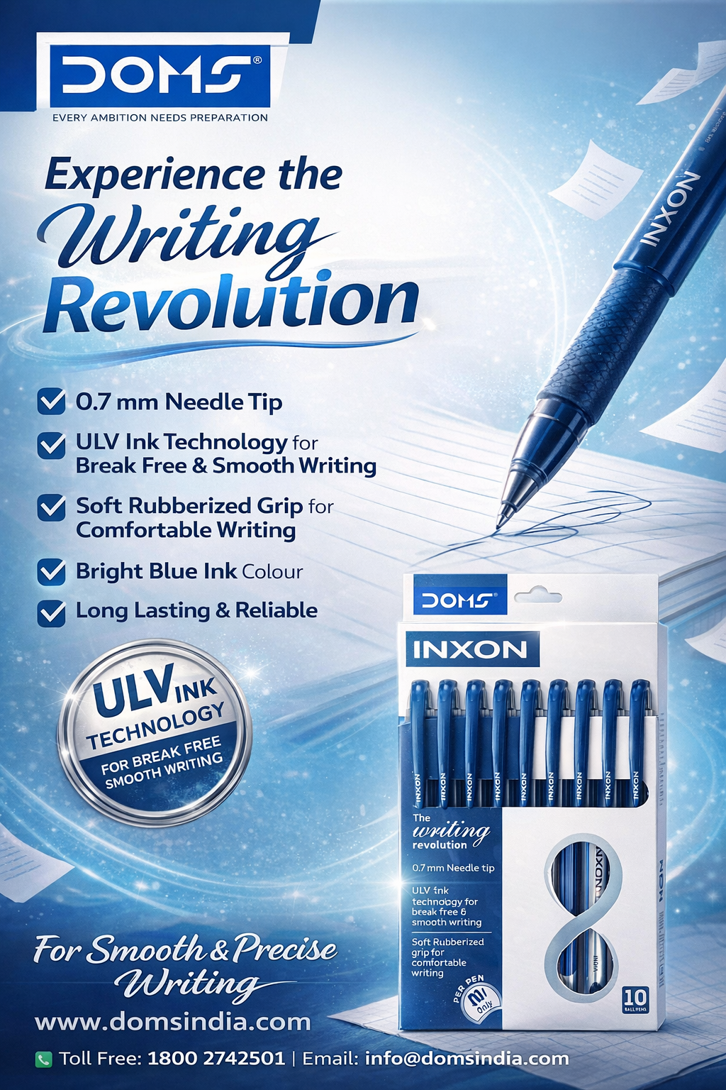 DOMS INXON Ball Pen Pack – Smooth Writing 0.7 mm Blue Pens (10 Pieces)