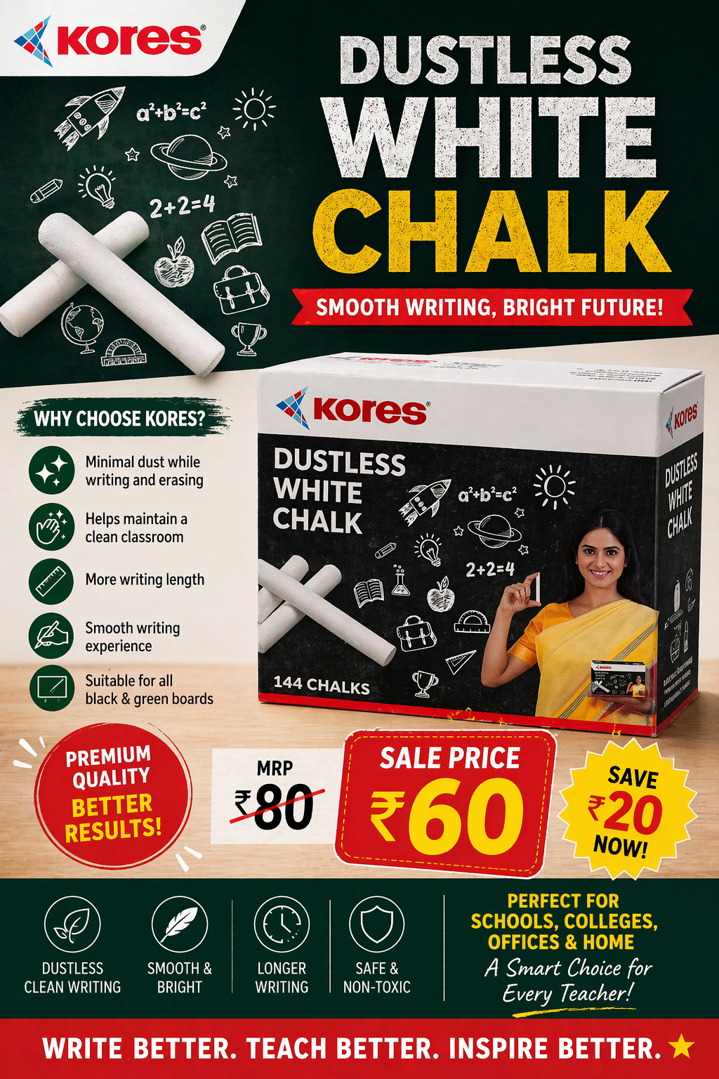 Kores Dustless White Chalk – 144 Chalks Box