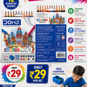 DOMS 12 Colour Pencils Set with Sharpener – Bright & Smooth Colours