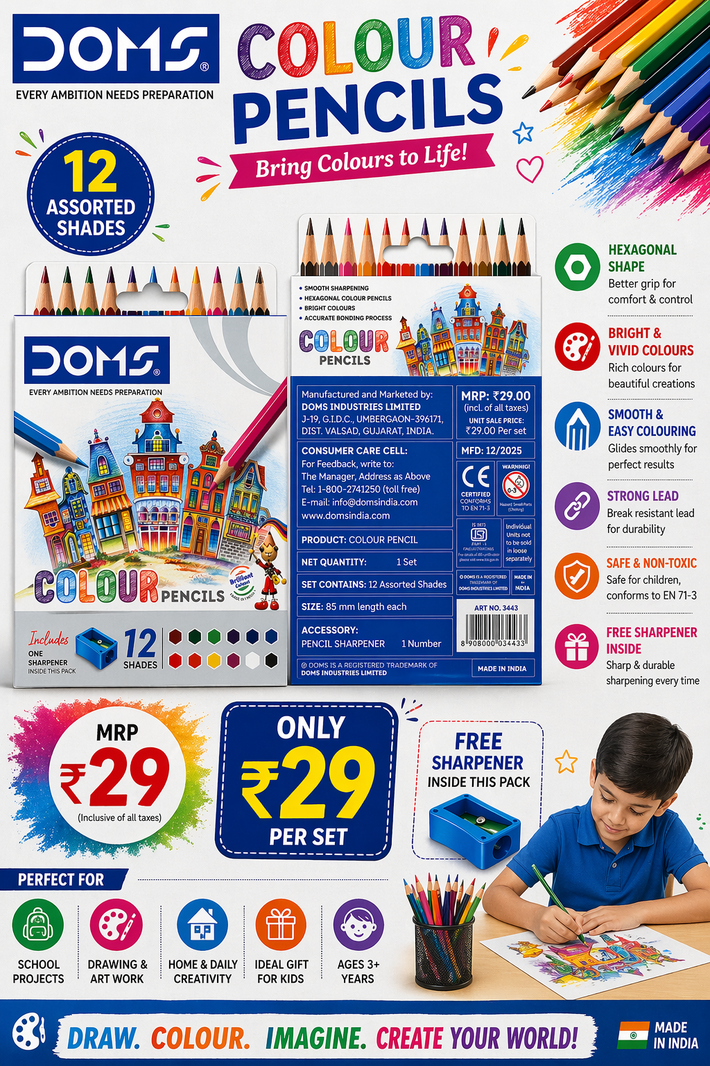 DOMS 12 Colour Pencils Set with Sharpener – Bright & Smooth Colours
