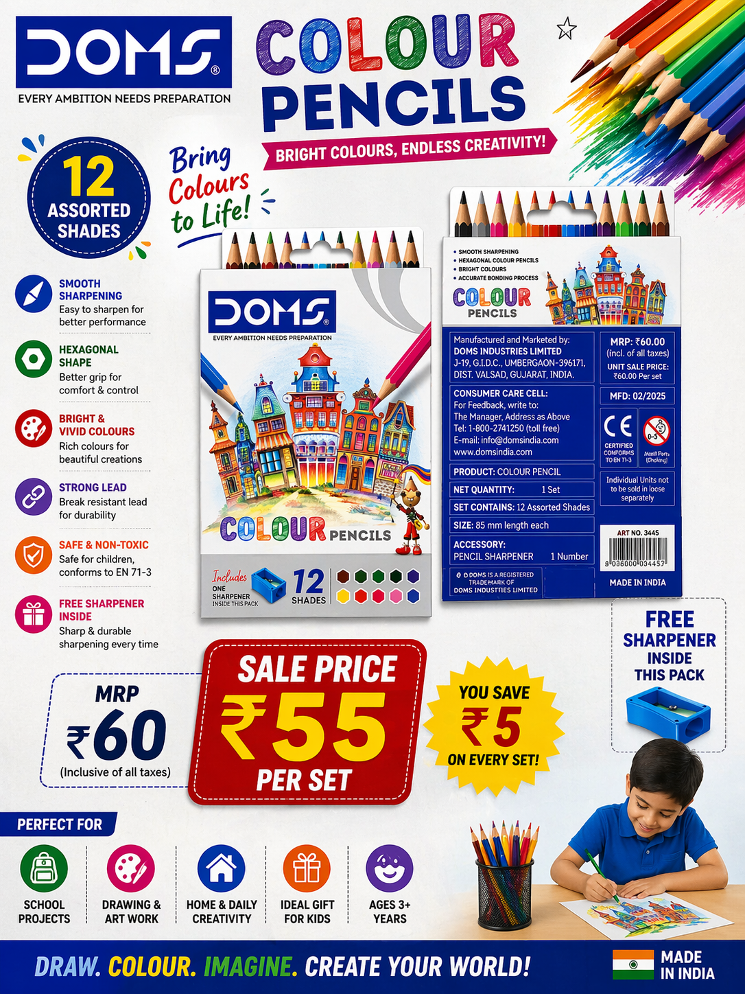 DOMS Colour Pencils 12 Shades – Specifications & Details