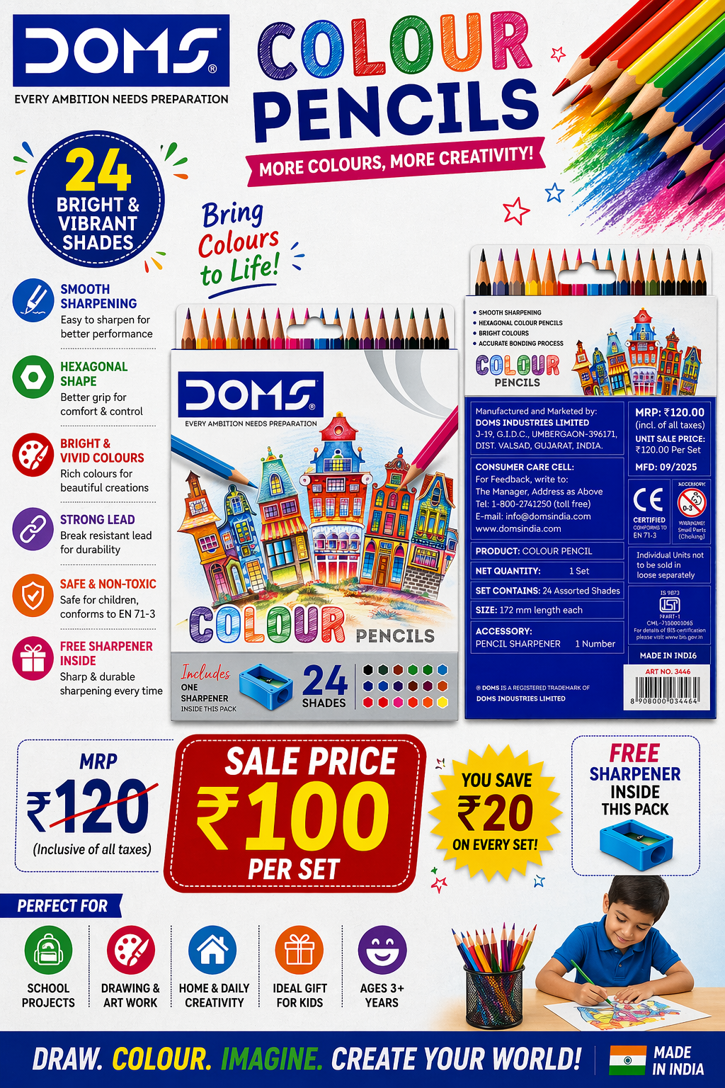DOMS 24 Colour Pencils Set with Sharpener – Bright & Smooth Colours