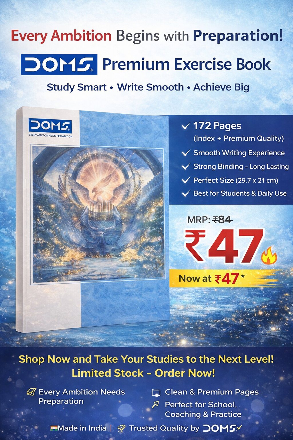 DOMS Premium Exercise Book β 172 Pages | Smooth Writing Notebook for Students