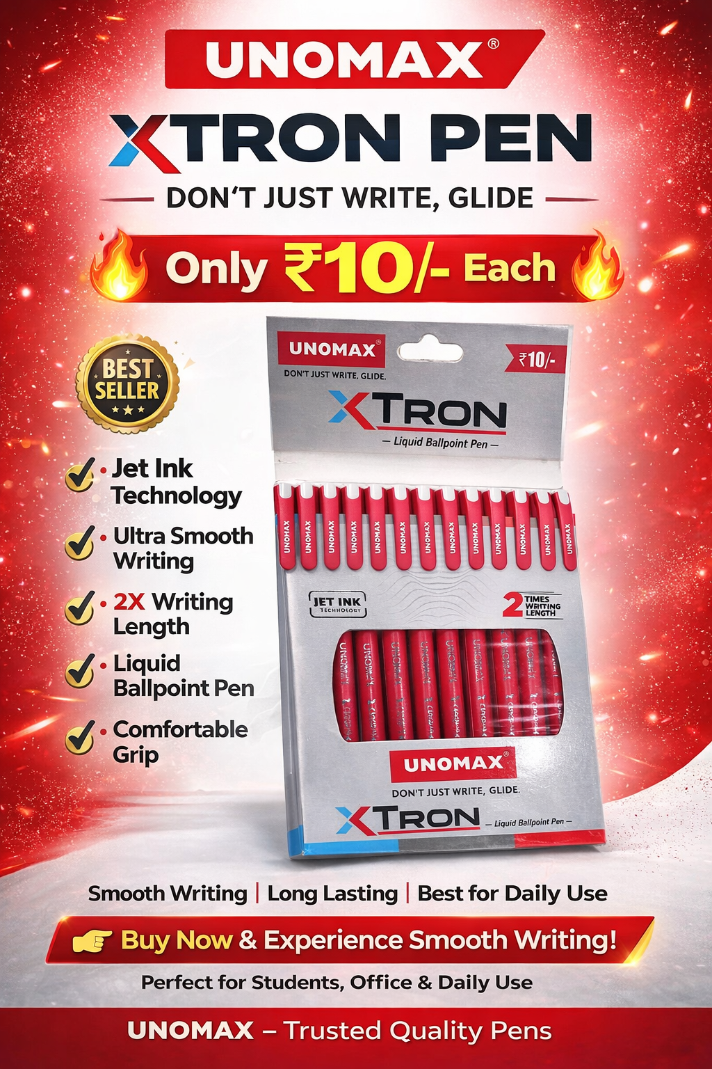 UNOMAX XTRON Liquid Ballpoint Pen – Smooth Writing ₹10 Pen Pack