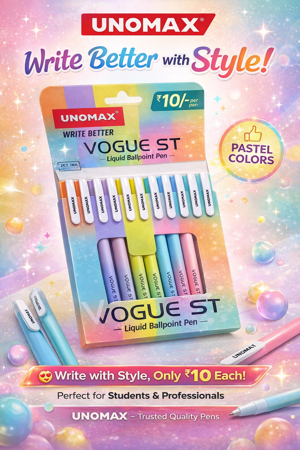 UNOMAX VOGUE ST Liquid Ballpoint Pens โ Stylish Pastel Colors โน10 Pen