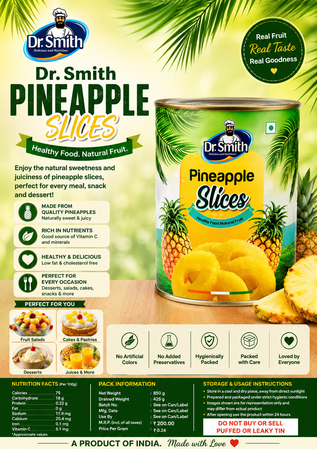 Dr. Smith Pineapple Slices 850g | Premium Canned Pineapple Rings | Ready to Eat