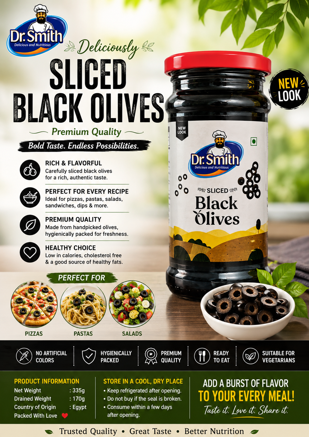 Dr. Smith Sliced Black Olives 335g Jar β Premium Ready-to-Use Black Olives