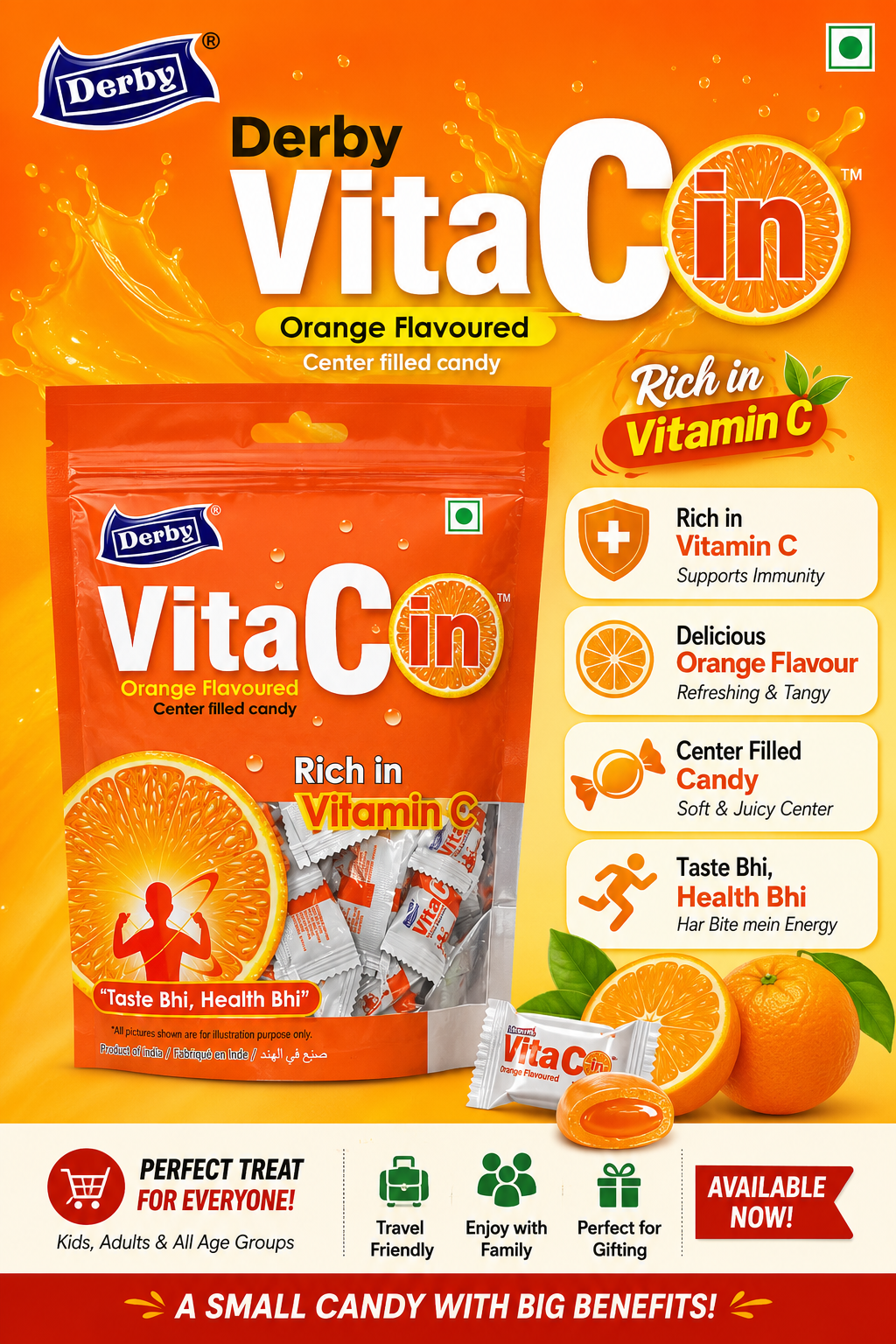 Derby VitaCin Orange Flavoured Center Filled Candy Rich in Vitamin C 175g