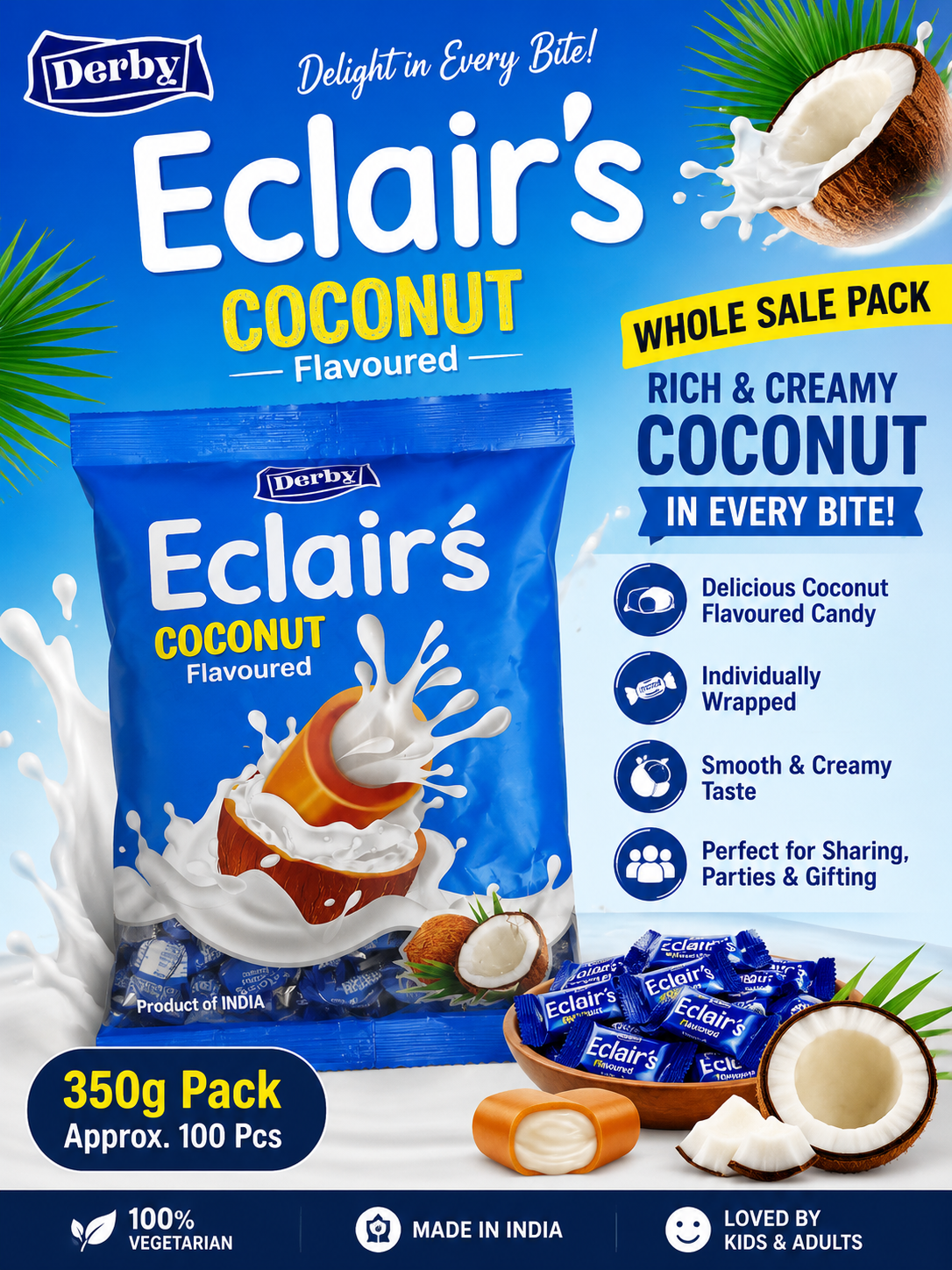 Derby Eclairs Coconut Flavoured Candy Wholesale Pack – 350g (Approx. 100 Pieces)