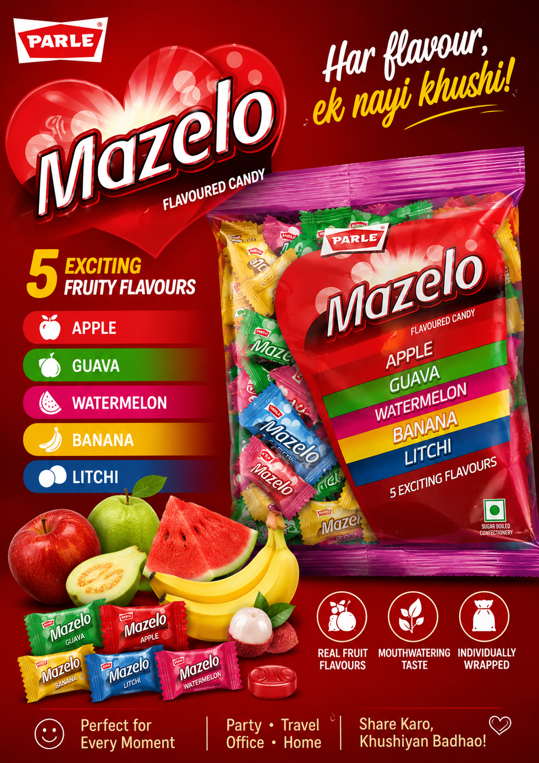 Parle Mazelo Assorted Fruit Flavoured Candy 198g β Apple, Guava, Watermelon, Banana & Litchi