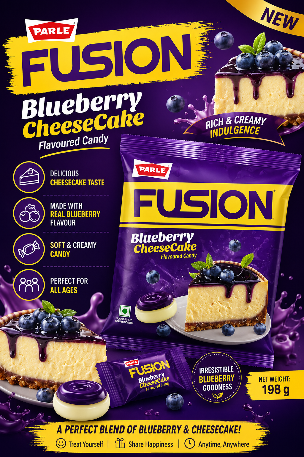 Parle Fusion Blueberry Cheesecake Flavoured Candy 198g – Creamy & Fruity Candy Pack