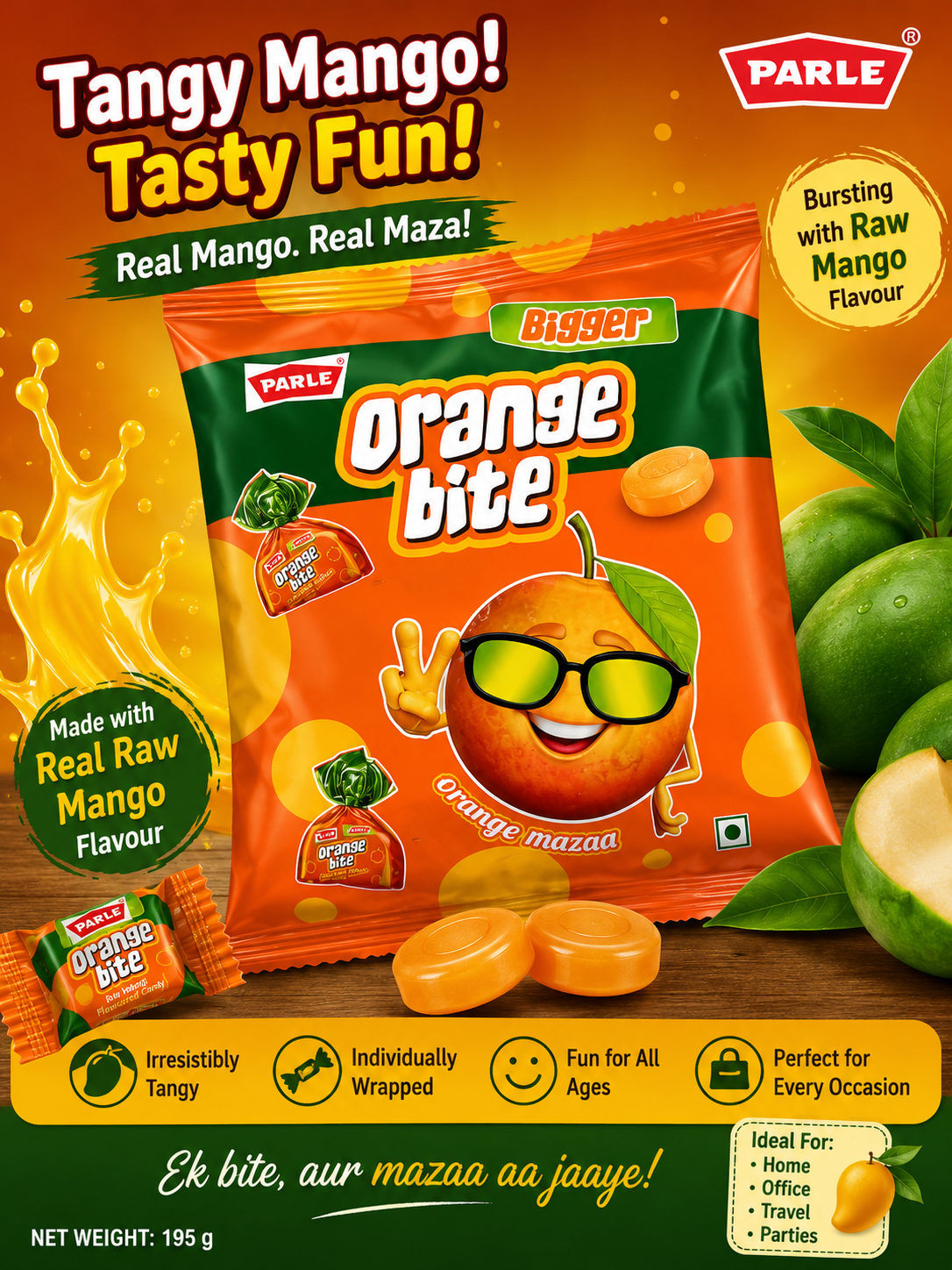 Parle Bigger Orange Bite Orange Flavoured Candy 195g – Tangy Orange Candy Pack