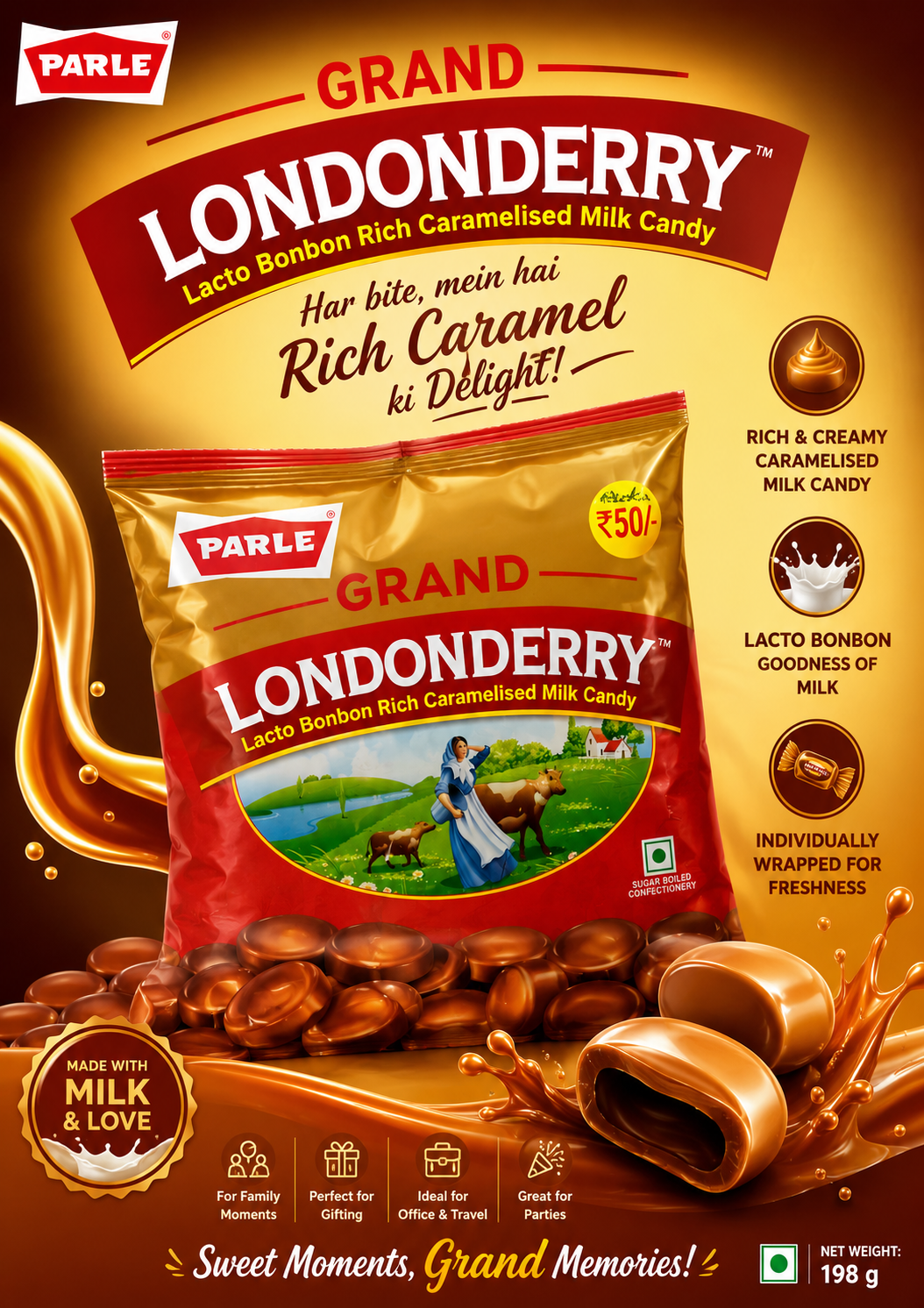 Parle Grand Londonderry Lacto Bonbon Rich Caramelised Milk Candy 198g – Creamy Milk Candy Pack