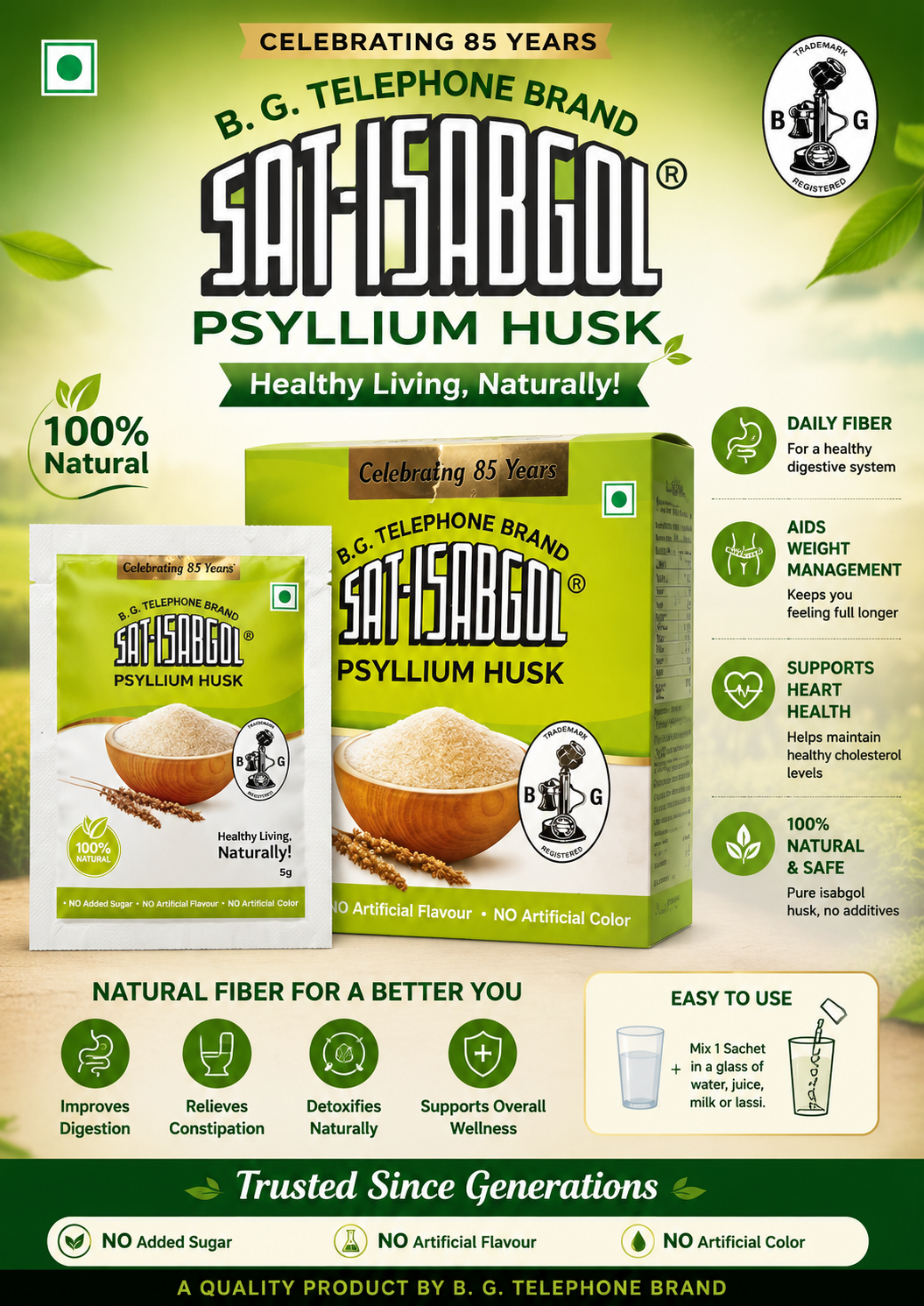 Sat-Isabgol Psyllium Husk 5g Sachet | Natural Digestive Fiber