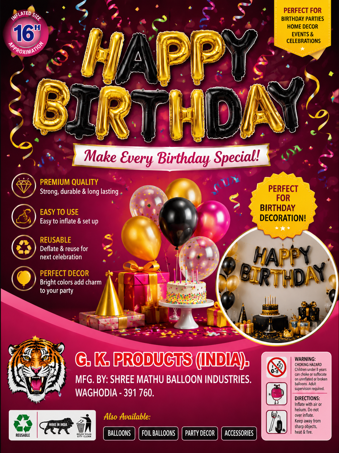 Happy Birthday Foil Balloon Decoration Set – Gold & Black (16 Inch)