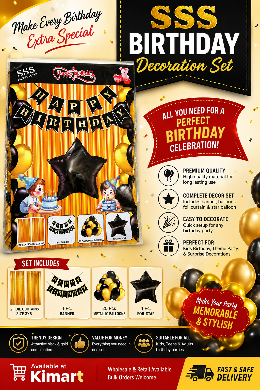 Happy Birthday Decoration Kit – Black & Gold Theme (Birthday Set)