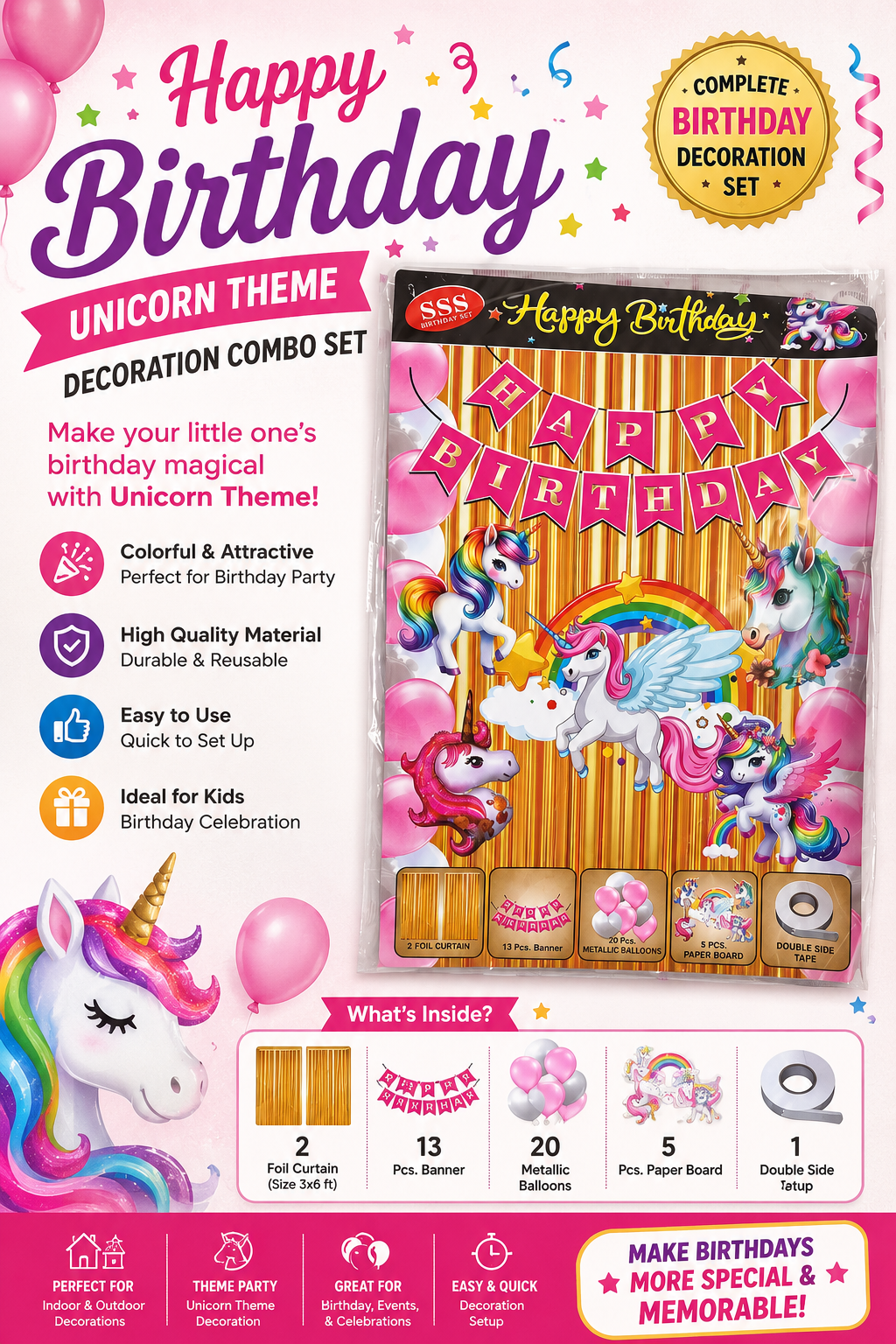 Unicorn Theme Happy Birthday Decoration Kit – Complete Birthday Party Decoration Set