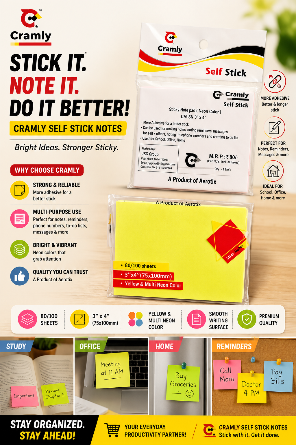Cramly Self Stick Sticky Notes 3×4 Inch | Neon Sticky Note Pad for School, Office & Home