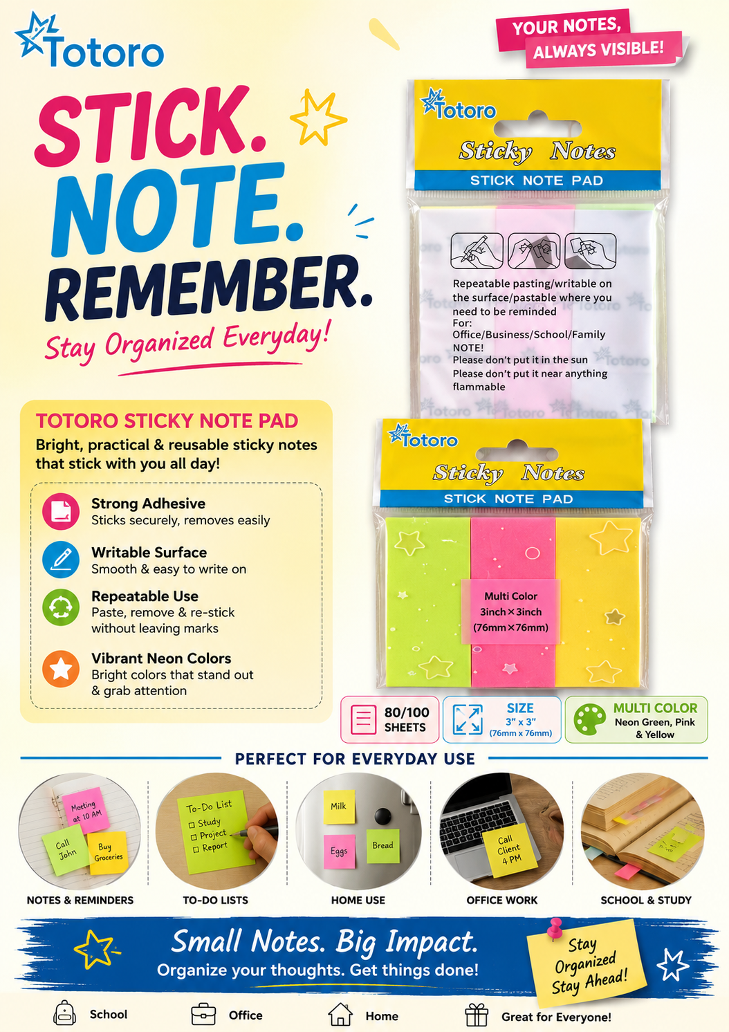 Totoro Sticky Notes 3×3 Inch | Multi-Color Self Adhesive Sticky Note Pad for School, Office & Home