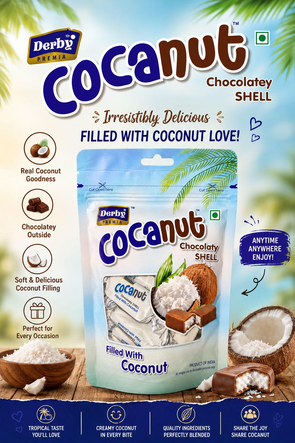 Derby Premia Cocanut Chocolaty Shell Filled with Coconut – 100g