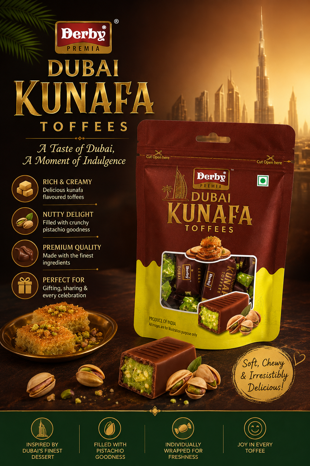 Derby Premia Dubai Kunafa Toffees – Pistachio Filled Premium Confectionery