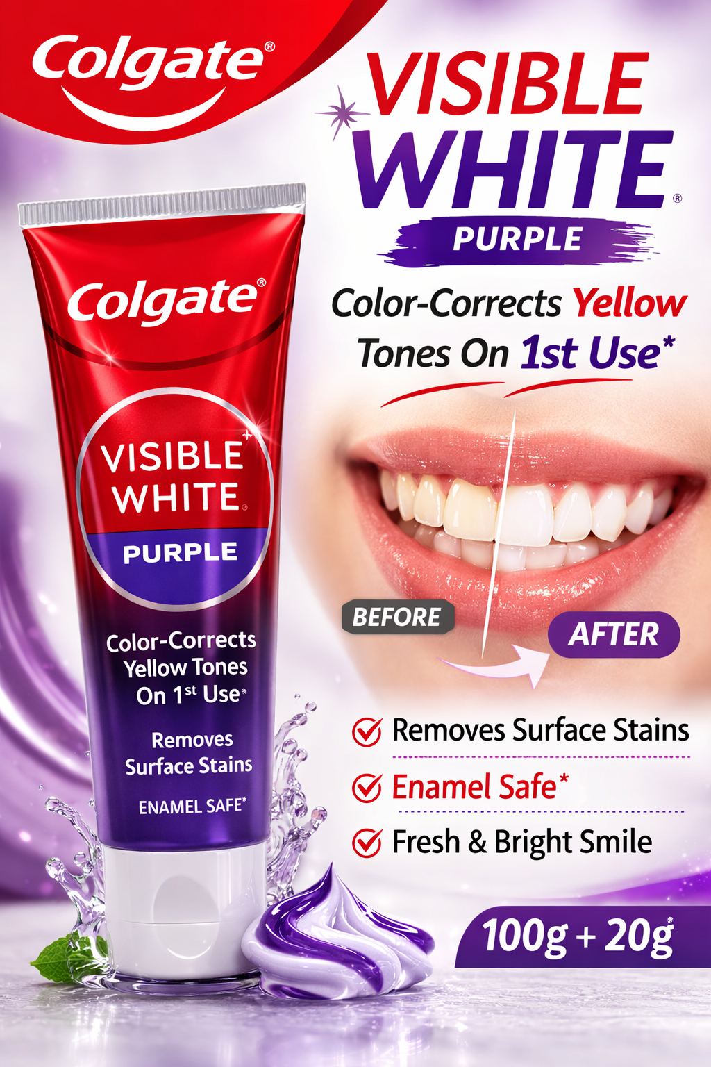 Colgate Visible White Purple Toothpaste 100g + 20g – Color Correct Whitening