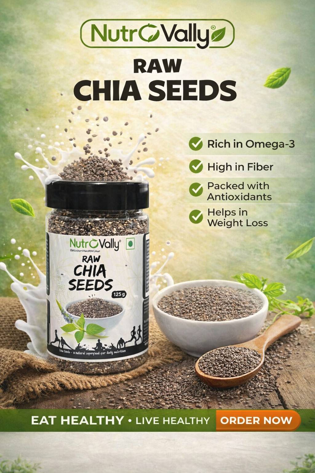 NutroVally Raw Chia Seeds 200g – Healthy Superfood for Daily Nutrition
