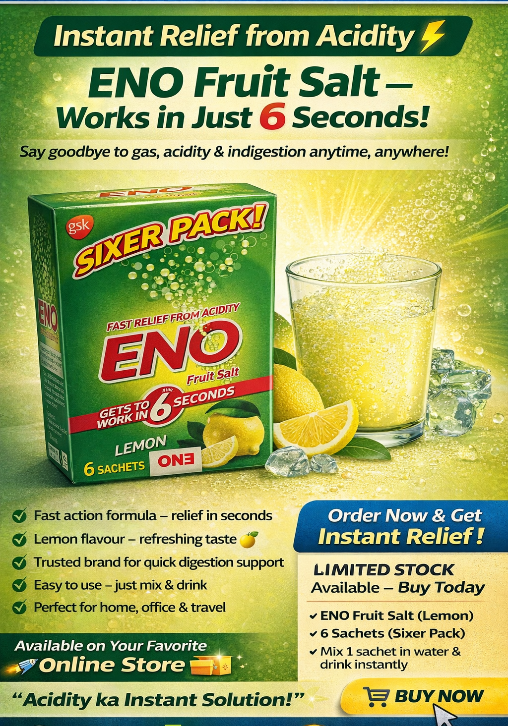 ENO Fruit Salt Lemon β Instant Acidity Relief (6 Sachets Pack)