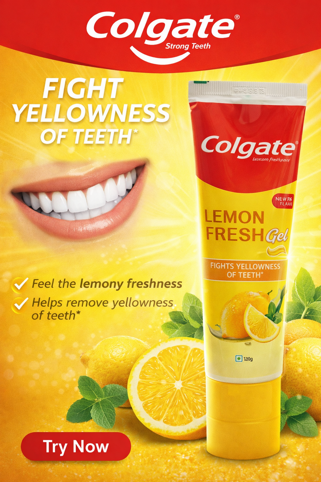Colgate Lemon Fresh Gel Toothpaste 120g โ Fights Yellow Teeth