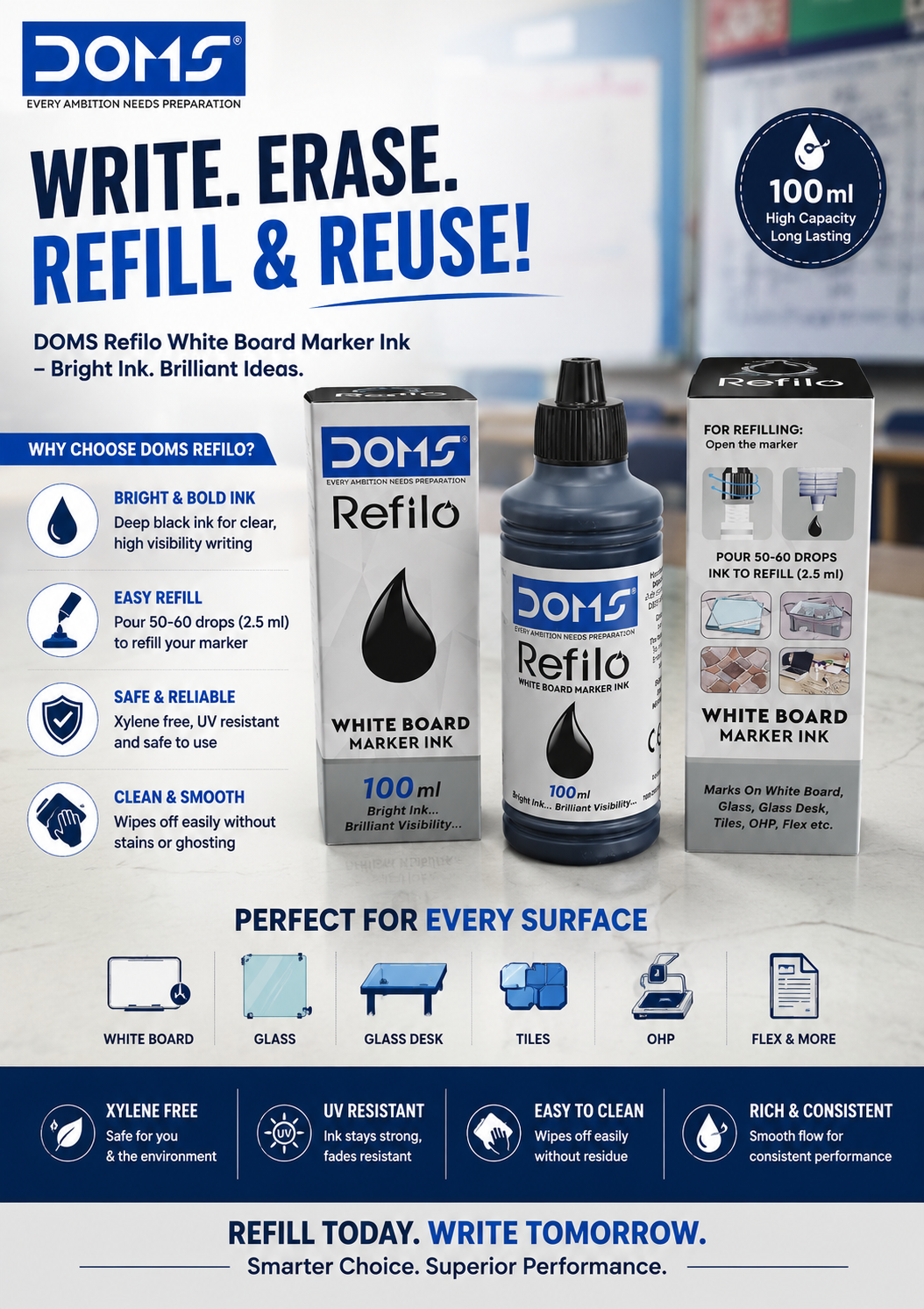 DOMS Refilo White Board Marker Ink – 100ml Black Ink Refill