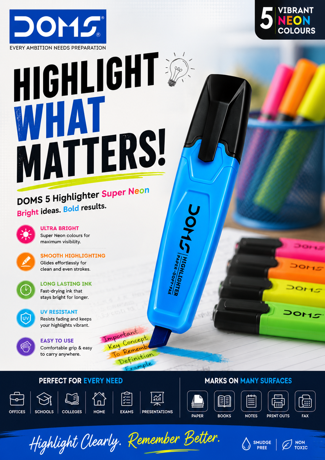 DOMS 5 Highlighter Super Neon – Bright & Smooth Highlighting