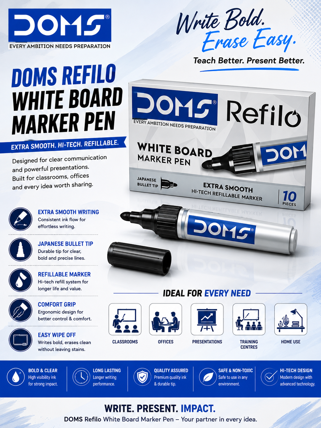 DOMS Refilo White Board Marker Pen – Extra Smooth Refillable Marker
